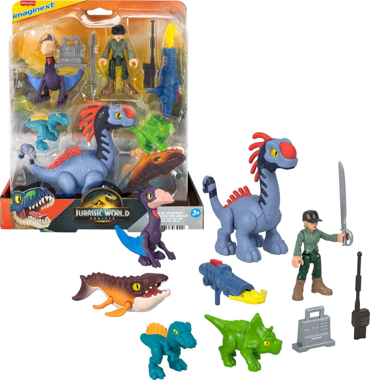 Fisher-Price Imaginext Jurassic World Rebirth action figure set with 3-inch human, five dinosaurs, toy launcher, and accessories.