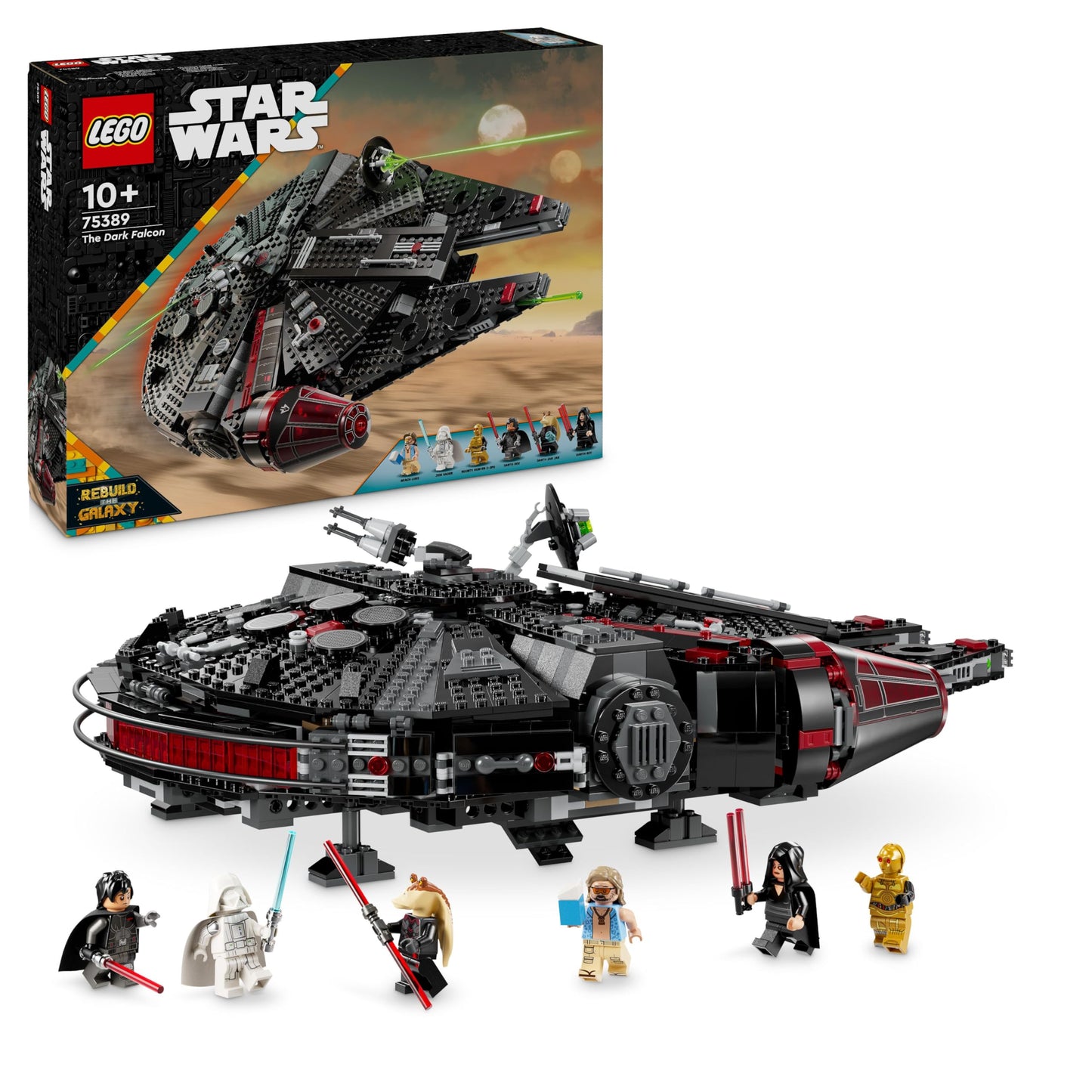 LEGO Star Wars 75389 The Dark Falcon building toy with cannons, spring-loaded shooters, and 6 minifigures including C-3PO.