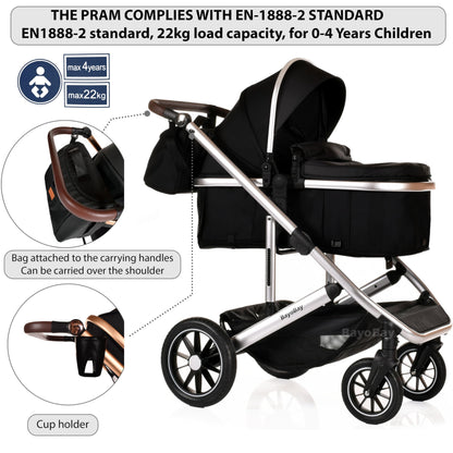 3 in 1 Baby Pram Travel System with Car Seat Lightweight Buggy Foldable Pushchair for Newborn and Toddlers up to 22kg New 2025 Style (Black - Silver)