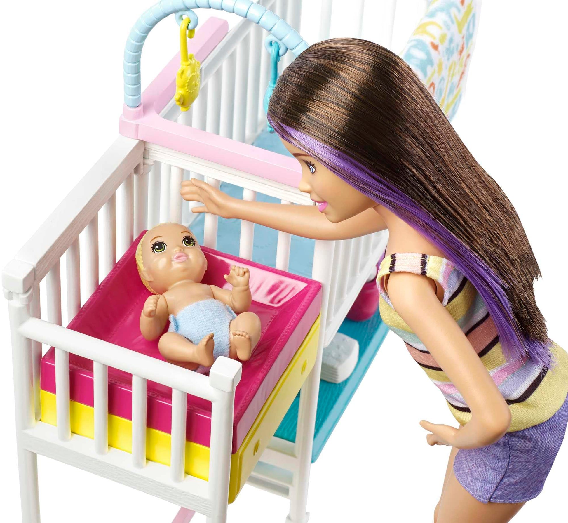 Barbie Nursery Playset featuring Skipper doll, two baby dolls, crib, and various baby gear and themed toys.