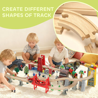 AIYAPLAY wooden train set featuring tracks, crane, bridge, helicopter, and magnetic railway toys for kids aged 3+