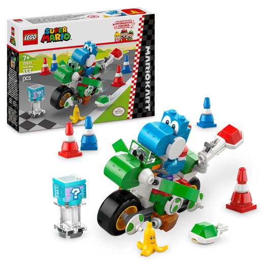 LEGO Super Mario Yoshi Bike Set with Mario figure, building toy for kids 7+, featuring colorful Yoshi bike and Mario character.