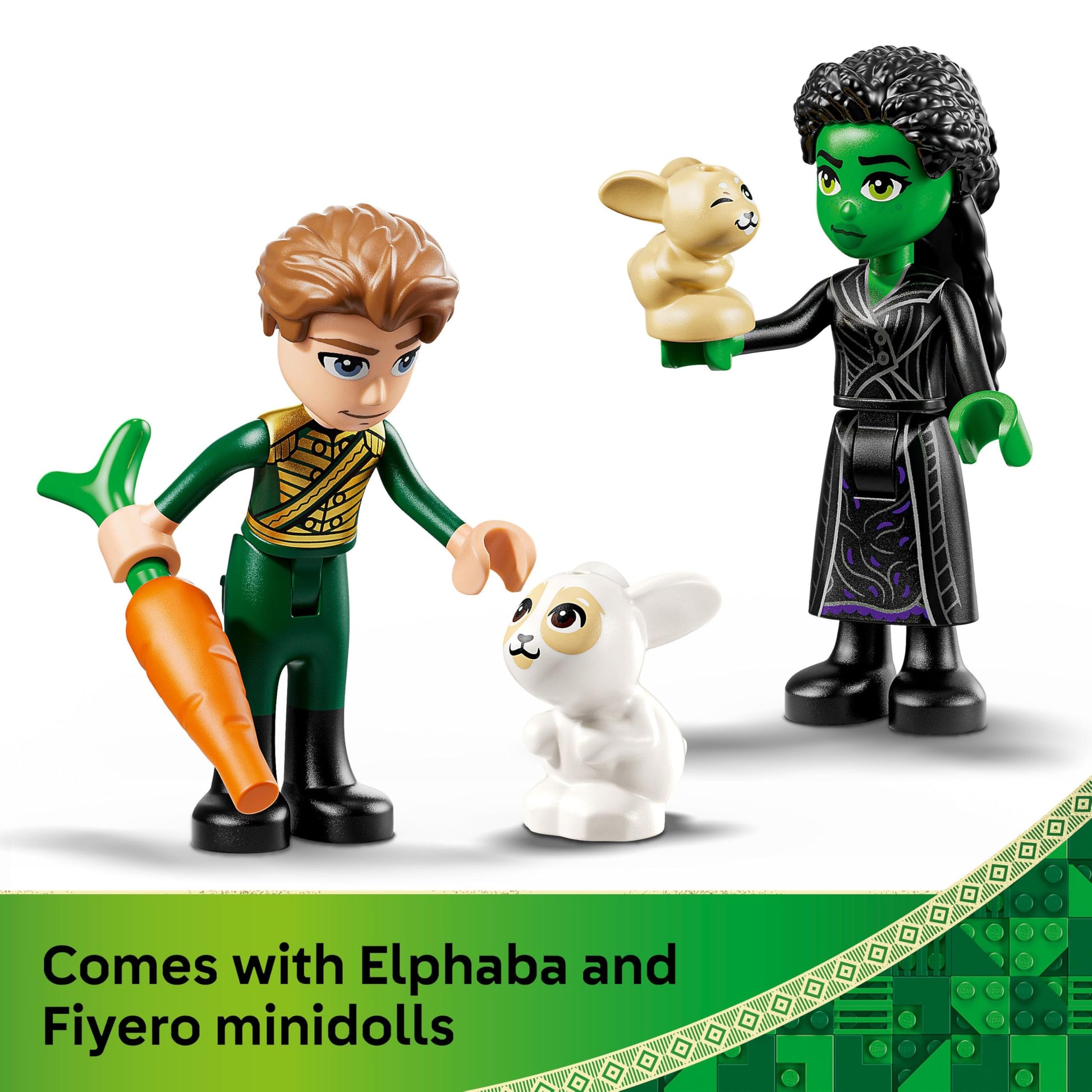 LEGO Wicked Elphaba's Retreat set featuring mini dolls, animal figures, and accessories in a forest scene.