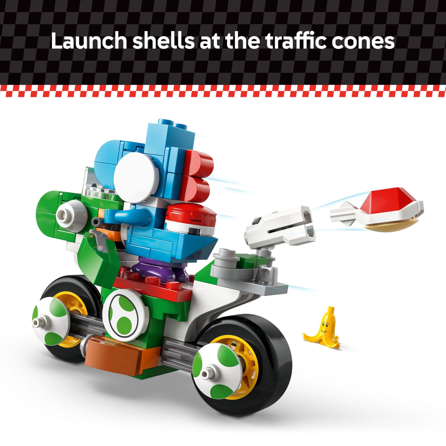LEGO Super Mario Yoshi Bike Set with Mario character figure, building toy for kids ages 7 and up, perfect for independent play.