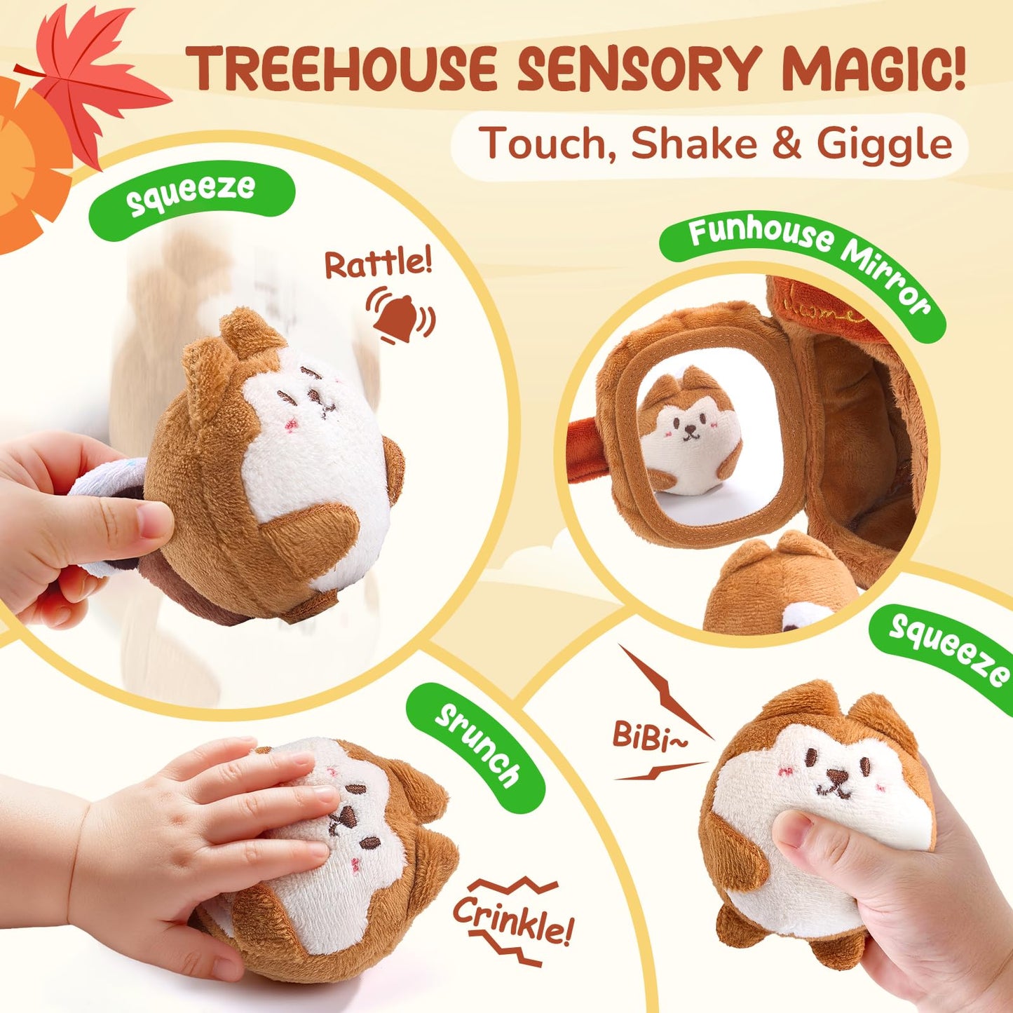 JoyCat Baby Toys 6-12 Months - Soft Baby Treehouse with 5 Sensory Squirrels - Rattle, Crinkle Paper, Squeaker, Mirror, Montessori Soft Toys for Toddlers 0-3 Years Old - Christmas Birthday Gift
