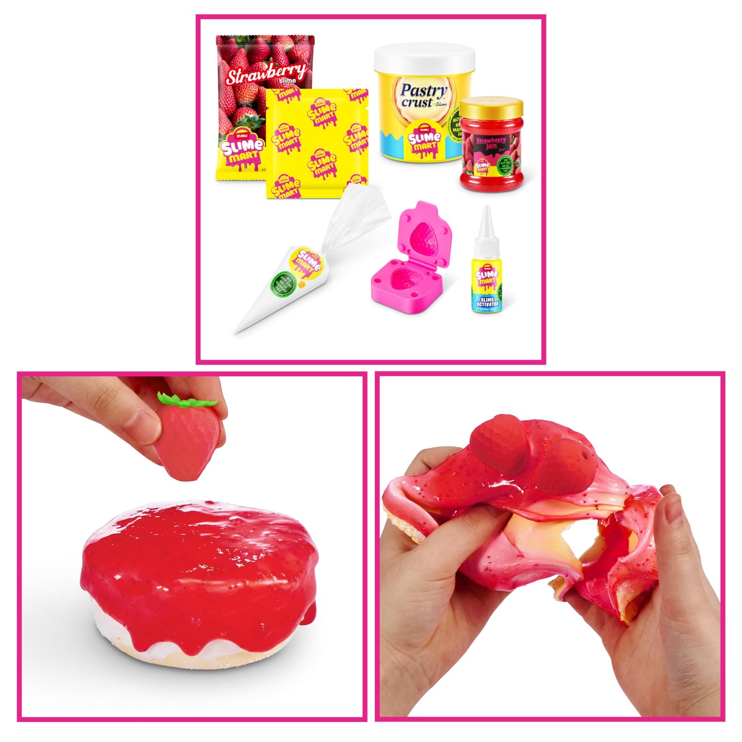 Slime Mart small slime bags in strawberry cheesecake scent, colorful compound slime for kids arts and crafts, soft and fun for ages 6-10.