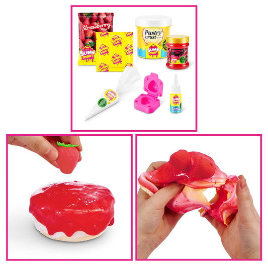 Slime Mart small slime bags in strawberry cheesecake scent, colorful compound slime for kids arts and crafts, soft and fun for ages 6-10.