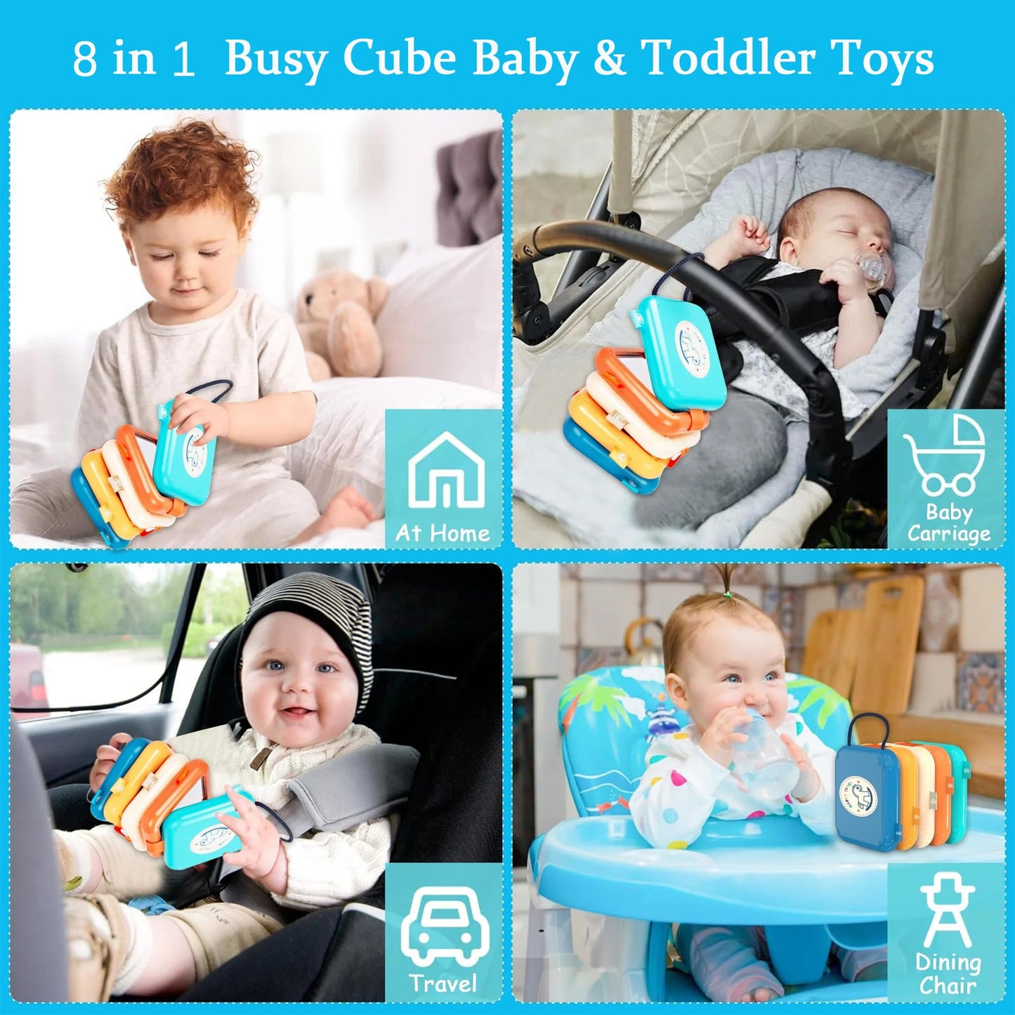 Felly Baby Travel Busy Board for Toddler 1+ Years, 8 in 1 Montessori Activity Cube Toy, Fine Motor Skill, Sensory Developmental Fidget Toys, Birthday for Boys Girls
