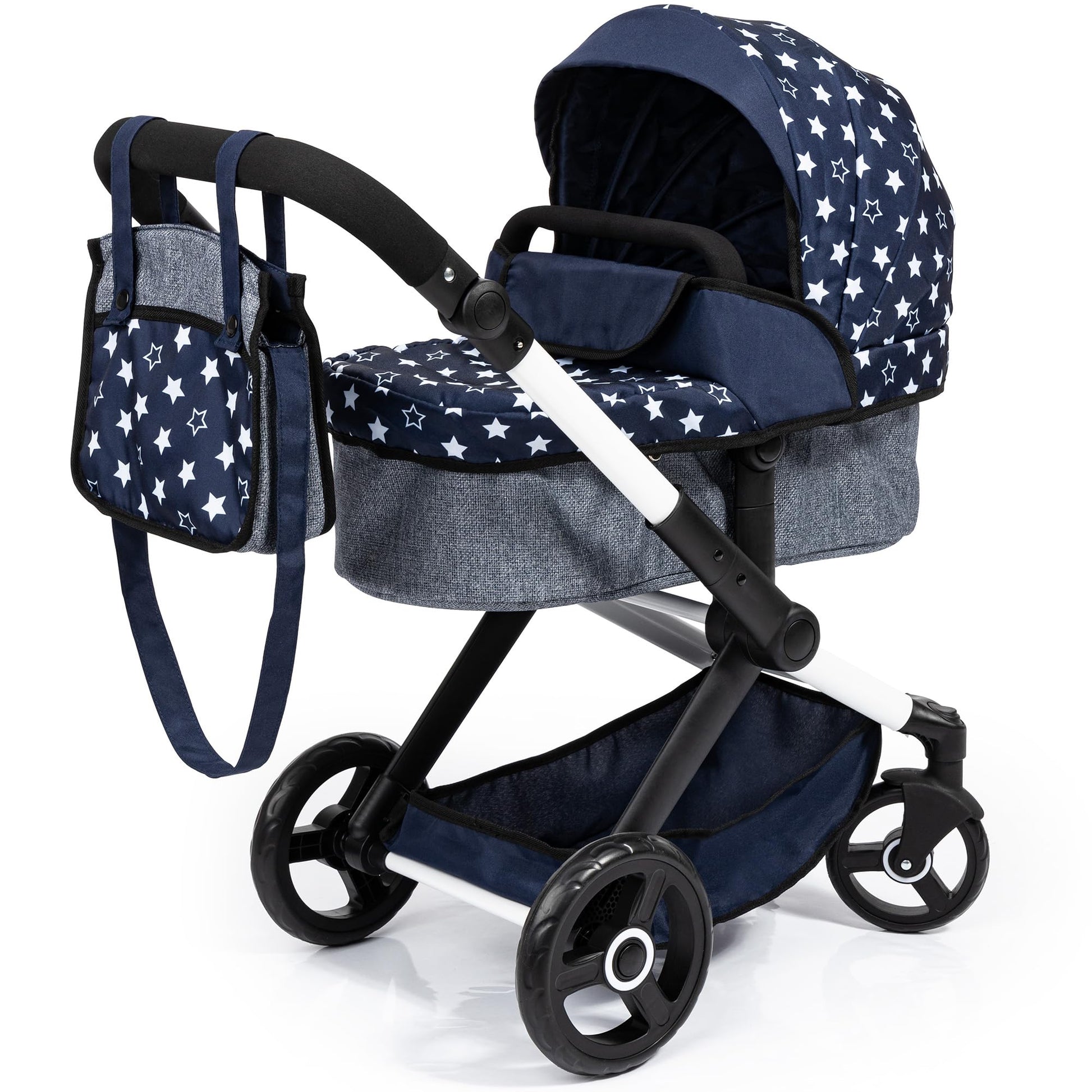 Bayer Baby Dolls Pram XEO in navy blue with white stars, convertible doll pushchair, carrycot, changing bag, adjustable handle for girls