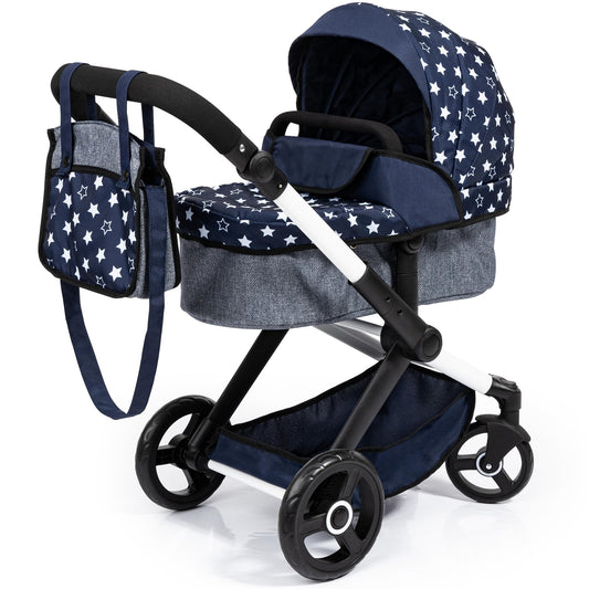 Bayer Baby Dolls Pram XEO in navy blue with white stars, convertible doll pushchair, carrycot, changing bag, adjustable handle for girls