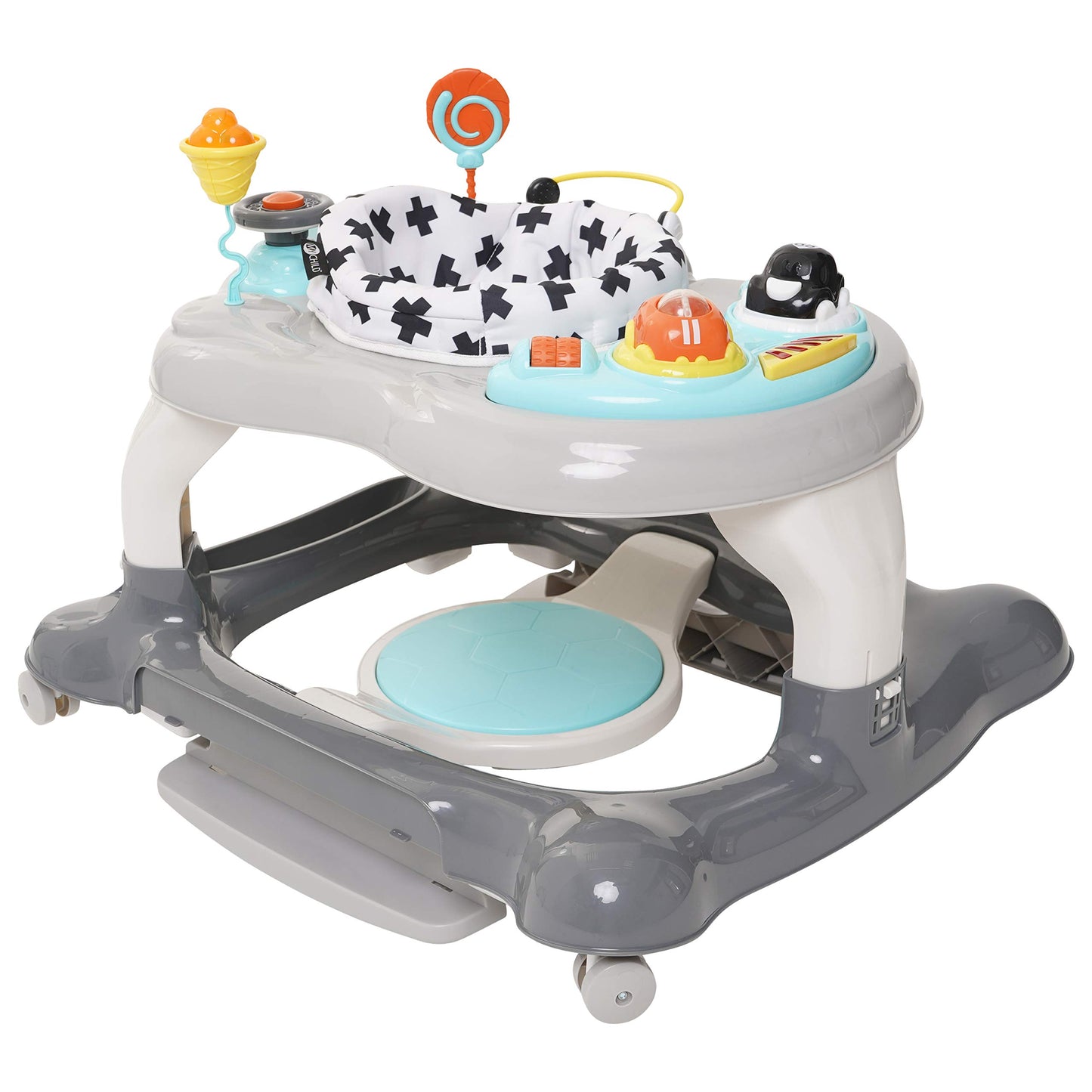 My Child 4-in-1 activity walker with a roundabout design, featuring neutral colors and interactive toys for toddlers.