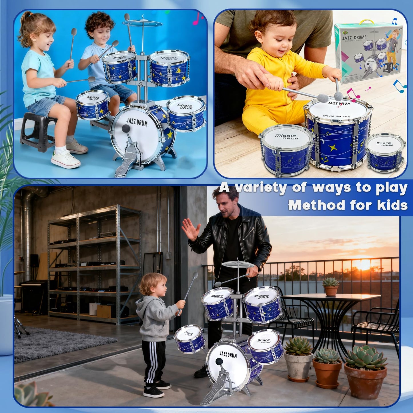 Noaideoi kids drum kit for toddlers and preschoolers, colorful plastic percussion toy set with drums and cymbals for ages 2-6.