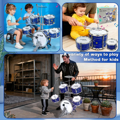 Noaideoi kids drum kit for toddlers and preschoolers, colorful plastic percussion toy set with drums and cymbals for ages 2-6.