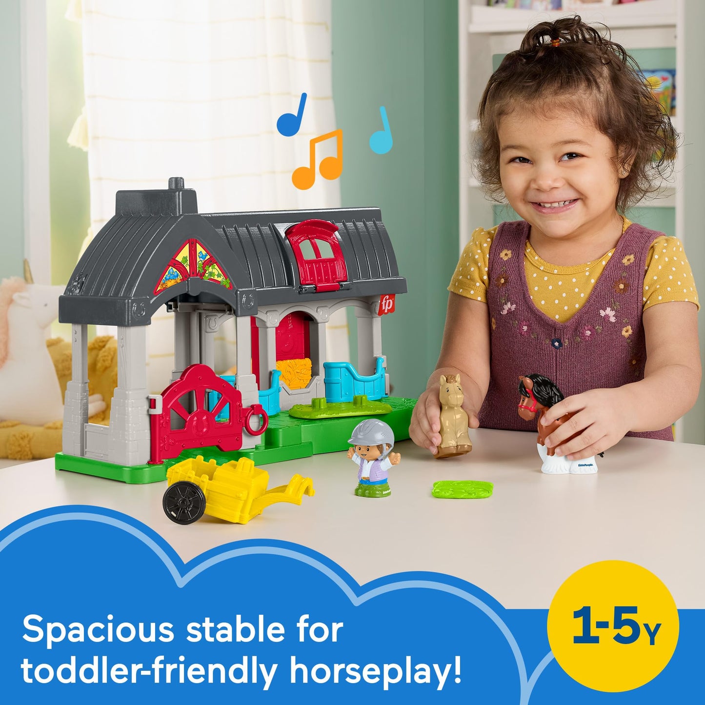 Fisher-Price Little People toddler horse stable playset with figures, accessories, and sound features for kids age 1+ years.