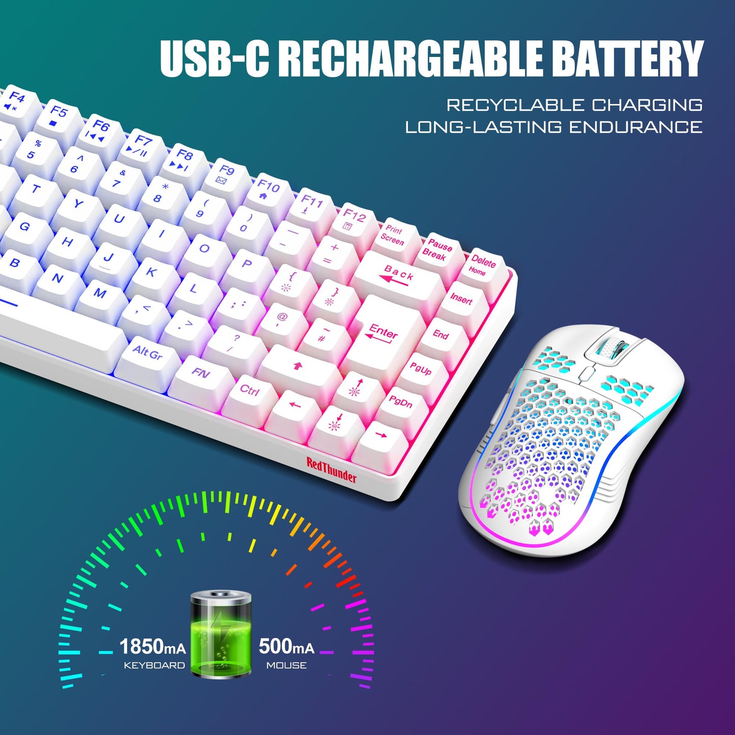 RedThunder K84 wireless gaming keyboard and honeycomb gaming mouse with rainbow backlight, UK layout, compact 85 keys, white color