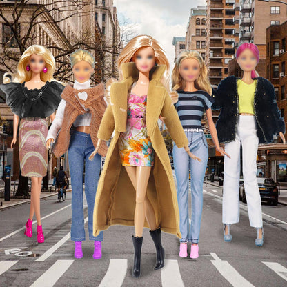 Carreuty 14-piece doll clothes set for 11.5-inch fashion dolls, including coats, skirts, jackets, jumpsuit, and shoes.