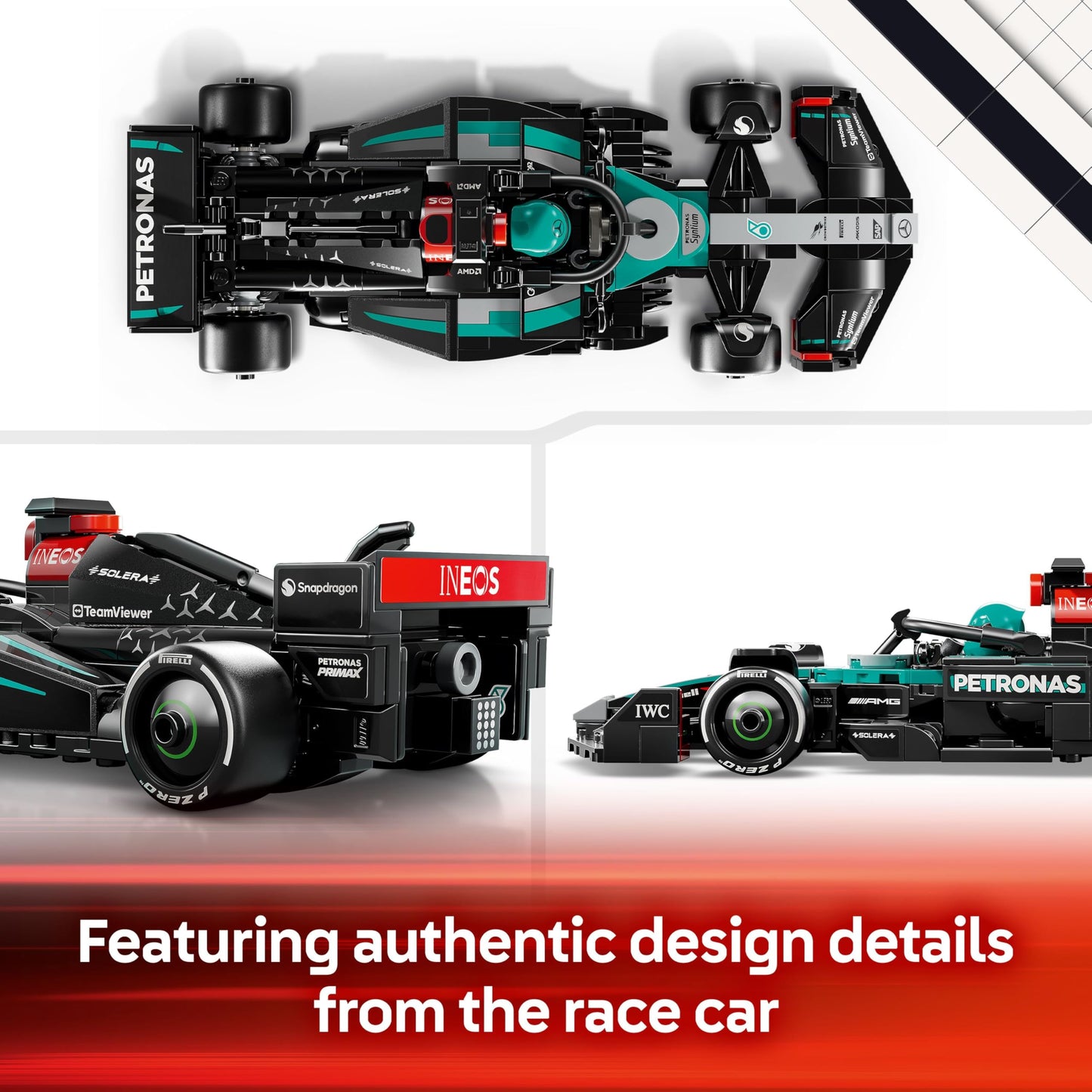 LEGO Speed Champions Mercedes-AMG F1 W15 race car toy with collectible Formula 1 driver minifigure on display.