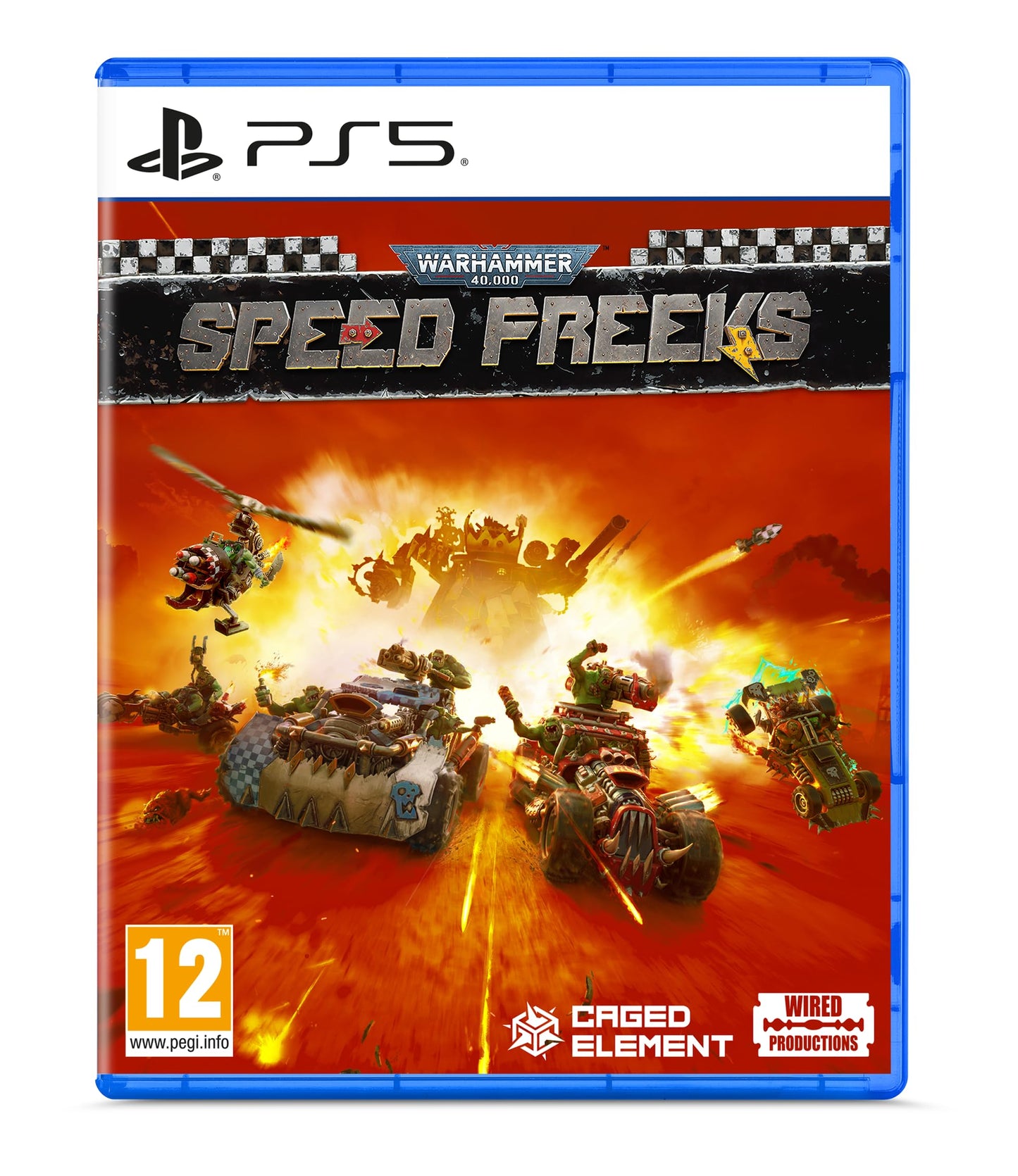 Warhammer 40,000: Speed Freeks PS5 game cover by Wired Production showing sci-fi vehicles and futuristic artwork.
