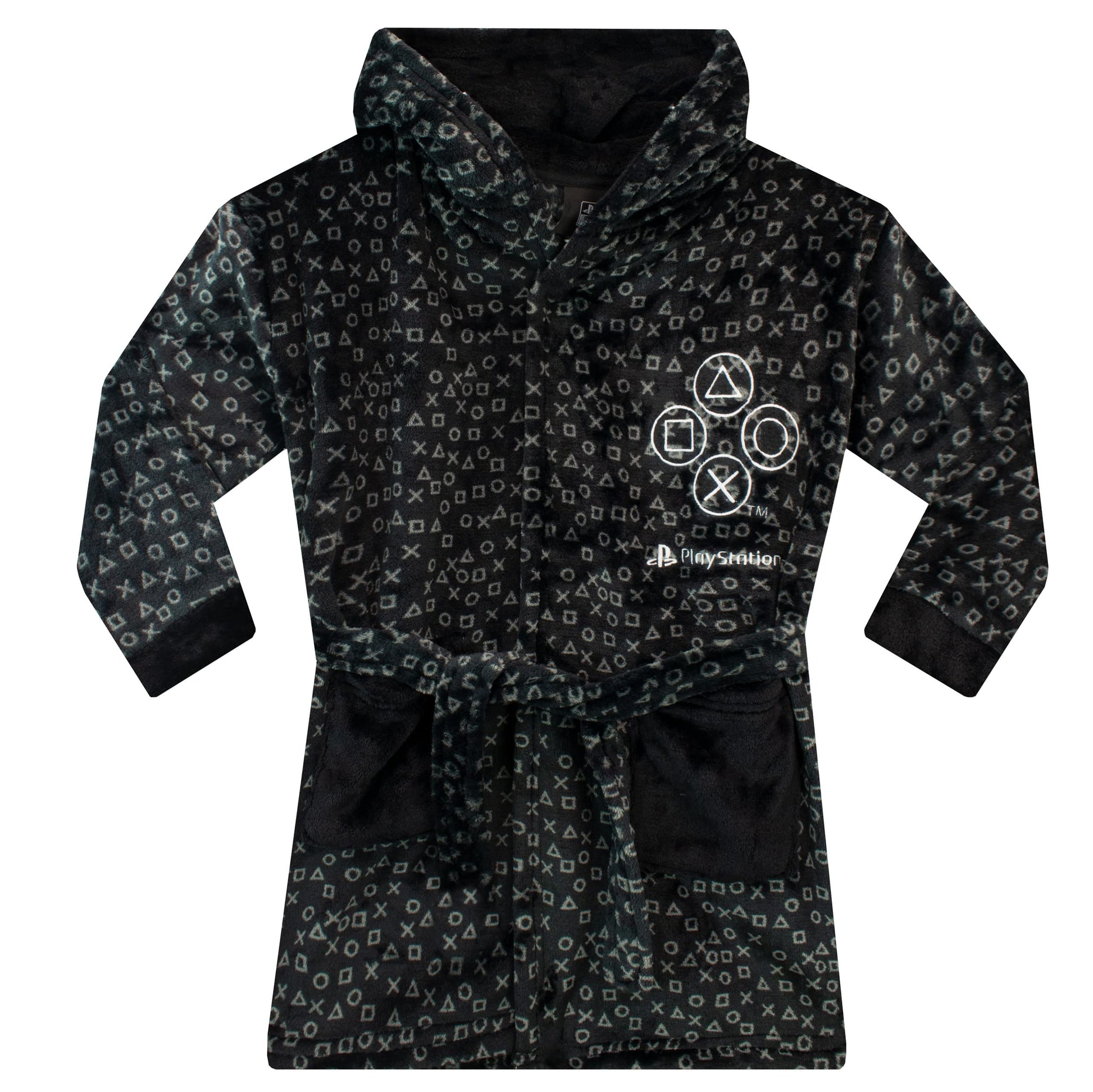 Black PlayStation boys' dressing gown for ages 5-6, soft fabric with PlayStation logo, perfect for cozy comfort.