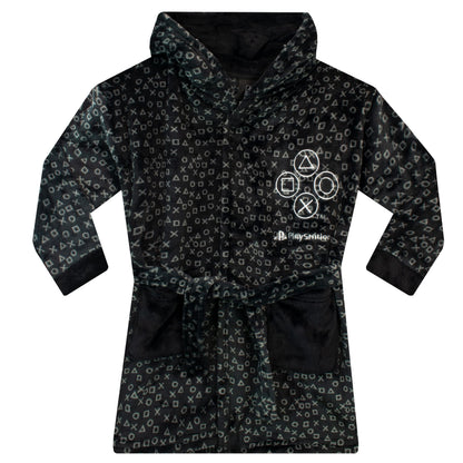 Black PlayStation boys' dressing gown for ages 5-6, soft fabric with PlayStation logo, perfect for cozy comfort.