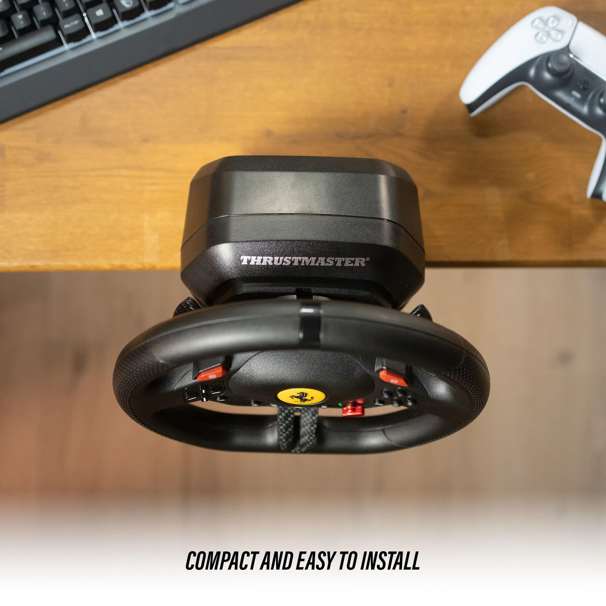 Thrustmaster T98 Ferrari 296 GTB racing wheel and pedals for PS5, PS4, and PC, with Ferrari branding, black finish, and bungee cord technology
