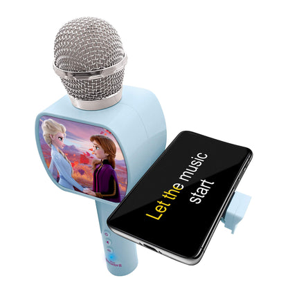Blue LEXIBOOK Frozen Bluetooth microphone with voice changer, built-in speaker, phone holder, and colorful design.