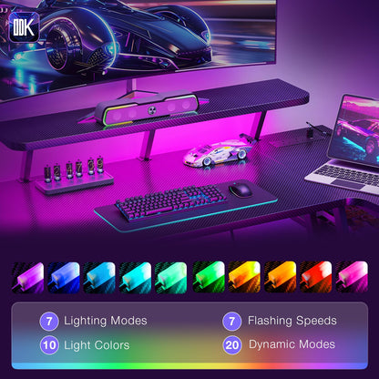 ODK Gaming Desk with LED Lights & Power Outlets, 120CM Computer Desk with Monitor Stand, Corner Desk with Hook & Storage, L Shaped Gaming Desk Carbon Fiber Black