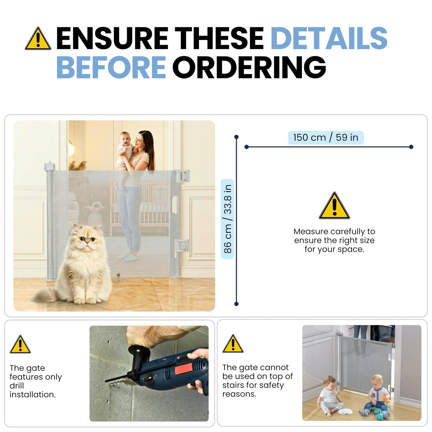 MILOT 59-inch grey retractable baby and pet gate with mesh, one-handed operation, extendable for doorways, indoor and outdoor use