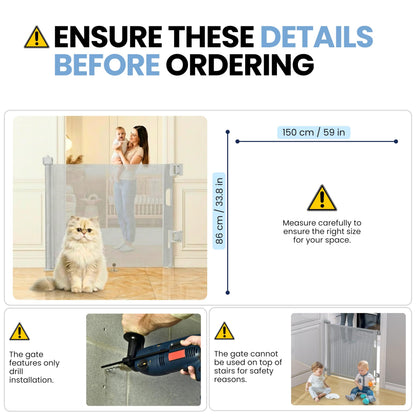 MILOT 59-inch grey retractable baby and pet gate with mesh, one-handed operation, extendable for doorways, indoor and outdoor use