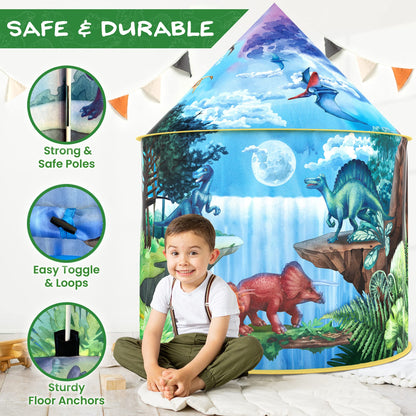 W&O Dinosaur Discovery Play Tent with roar button, colorful pop-up tent for kids, suitable for indoor and outdoor play adventures.