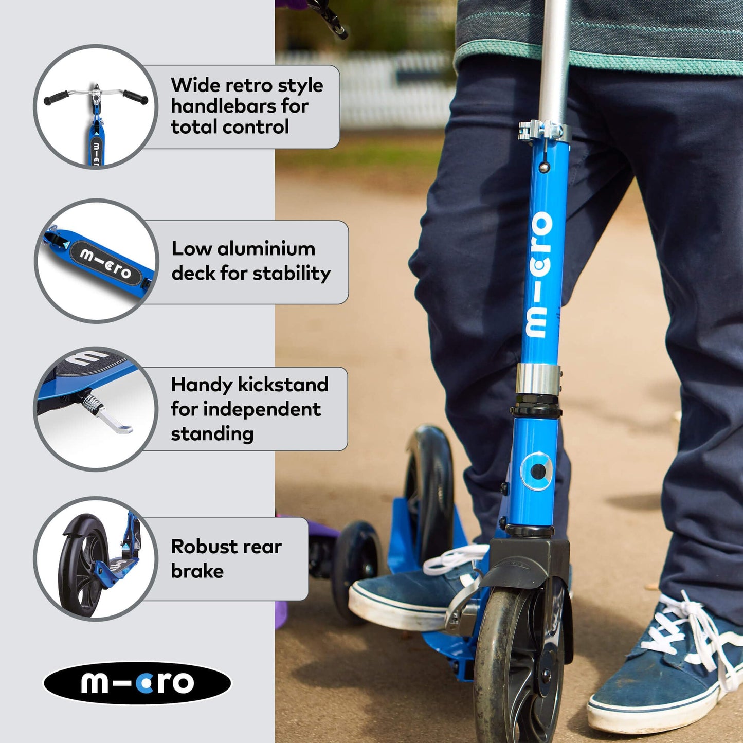 Blue Micro Cruiser children's scooter with adjustable handlebar, lightweight design, and foldable kickstand for ages 5-12.