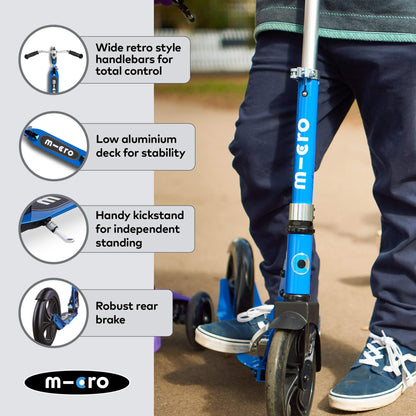 Blue Micro Cruiser children's scooter with adjustable handlebar, lightweight design, and foldable kickstand for ages 5-12.