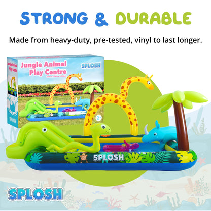Splosh Jungle Animal Activity Paddling Pool with slide, inflatable ring toss game, for toddlers aged 2-5, 2.6m x 1.9m.
