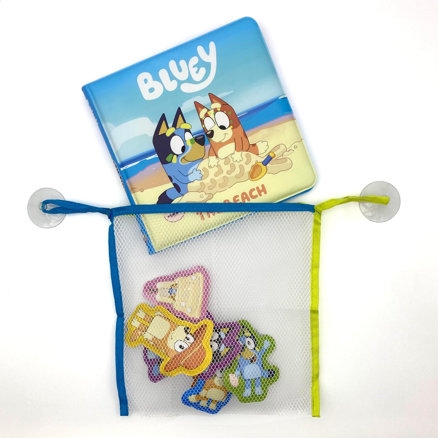 Bluey The Beach Bath Time Books - Activity Books for kids, Bath book, 6 Padded suction cups, 1 Mesh bag