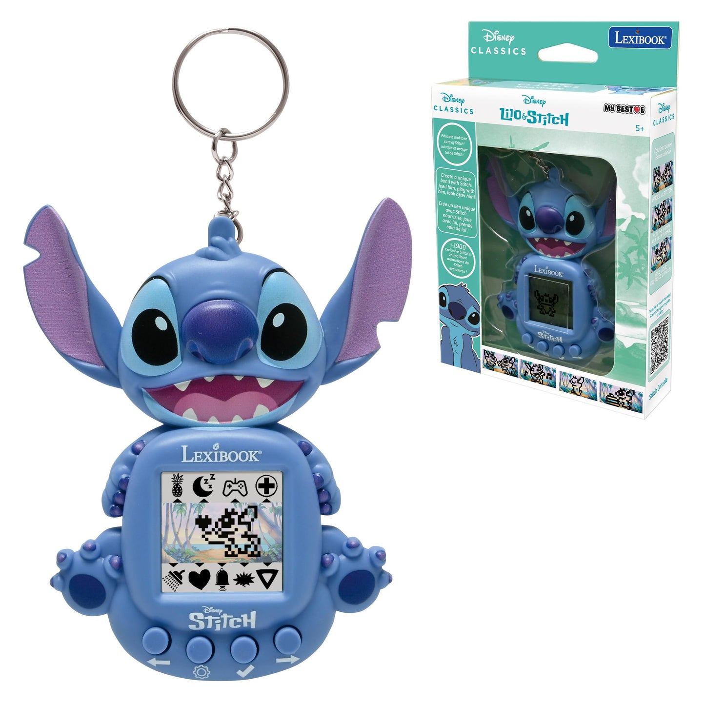 LEXIBOOK, Disney Stitch, My Best-e, Portable games console, Interactive and educational companion for children, 8 game categories, Coloured screen, Blue, JLMB10D