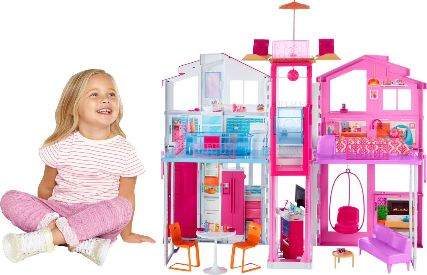 Barbie 3-Story Townhouse Dollhouse with Elevator, Swing Chair, Furniture and Accessories, Fold for Portability and Travel, DLY32
