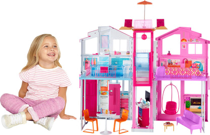 Barbie 3-Story Townhouse Dollhouse with Elevator, Swing Chair, Furniture and Accessories, Fold for Portability and Travel, DLY32