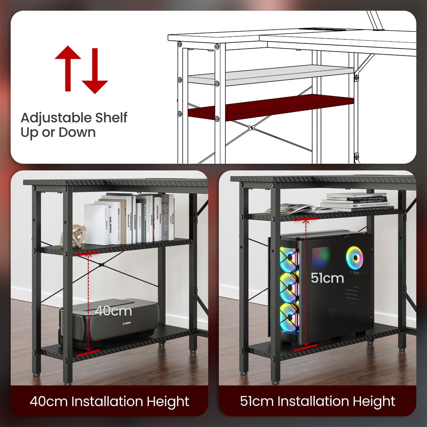 DOMSHOCT L-shaped gaming desk with LED lights, monitor stand, storage bag, and adjustable shelves in carbon black.