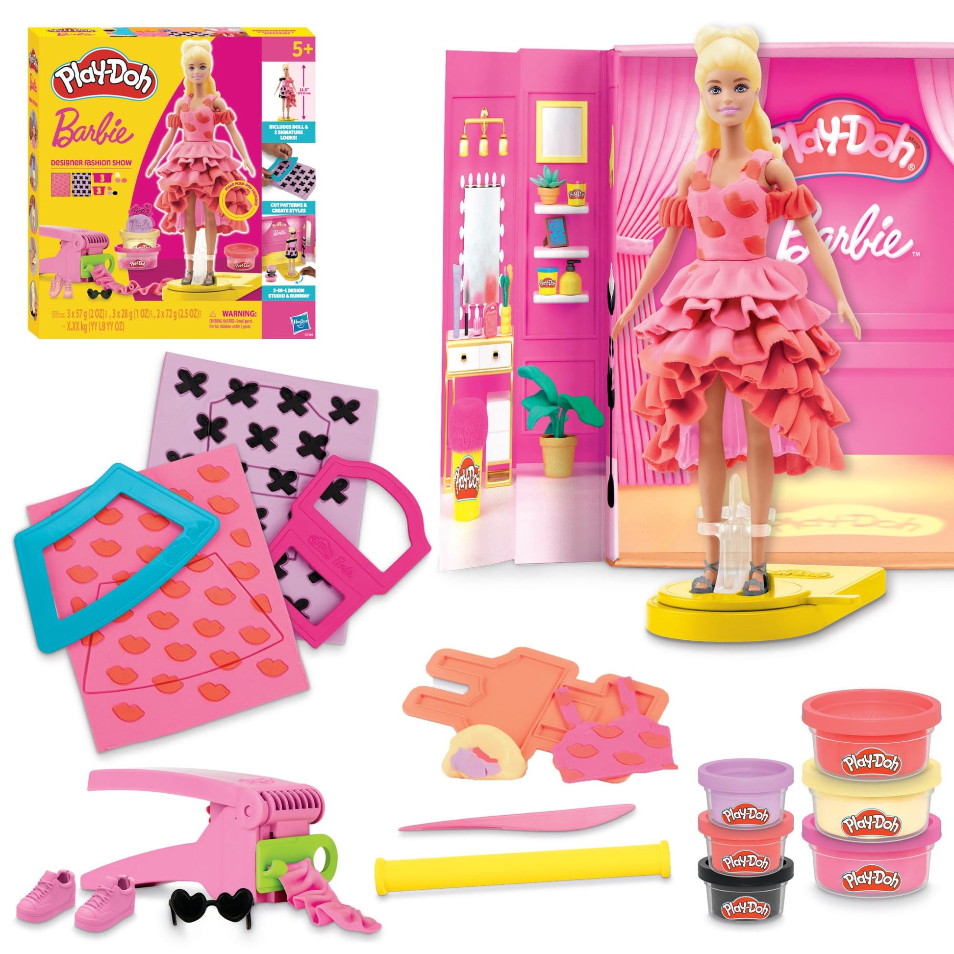 Play-Doh Barbie Designer Fashion Show Playset with colorful modeling clay, fashion accessories, and Barbie figure in action.