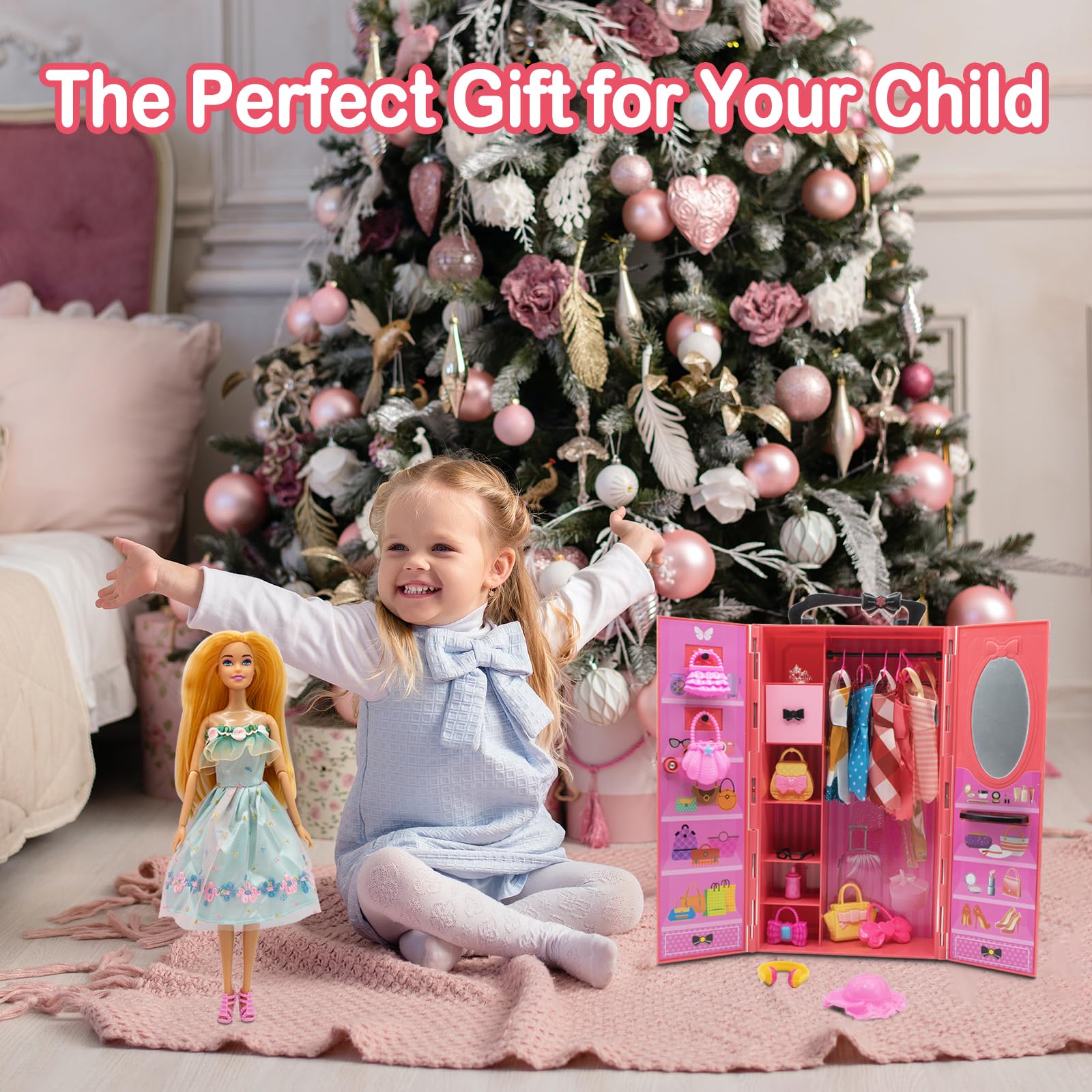 Yutoy dolls wardrobe set featuring a red closet, dresses, shoes, bags, and accessories for 11.5-inch fashionista dolls.