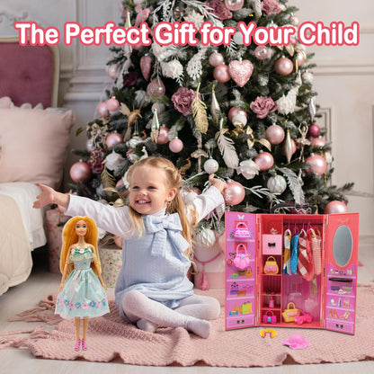 Yutoy dolls wardrobe set featuring a red closet, dresses, shoes, bags, and accessories for 11.5-inch fashionista dolls.