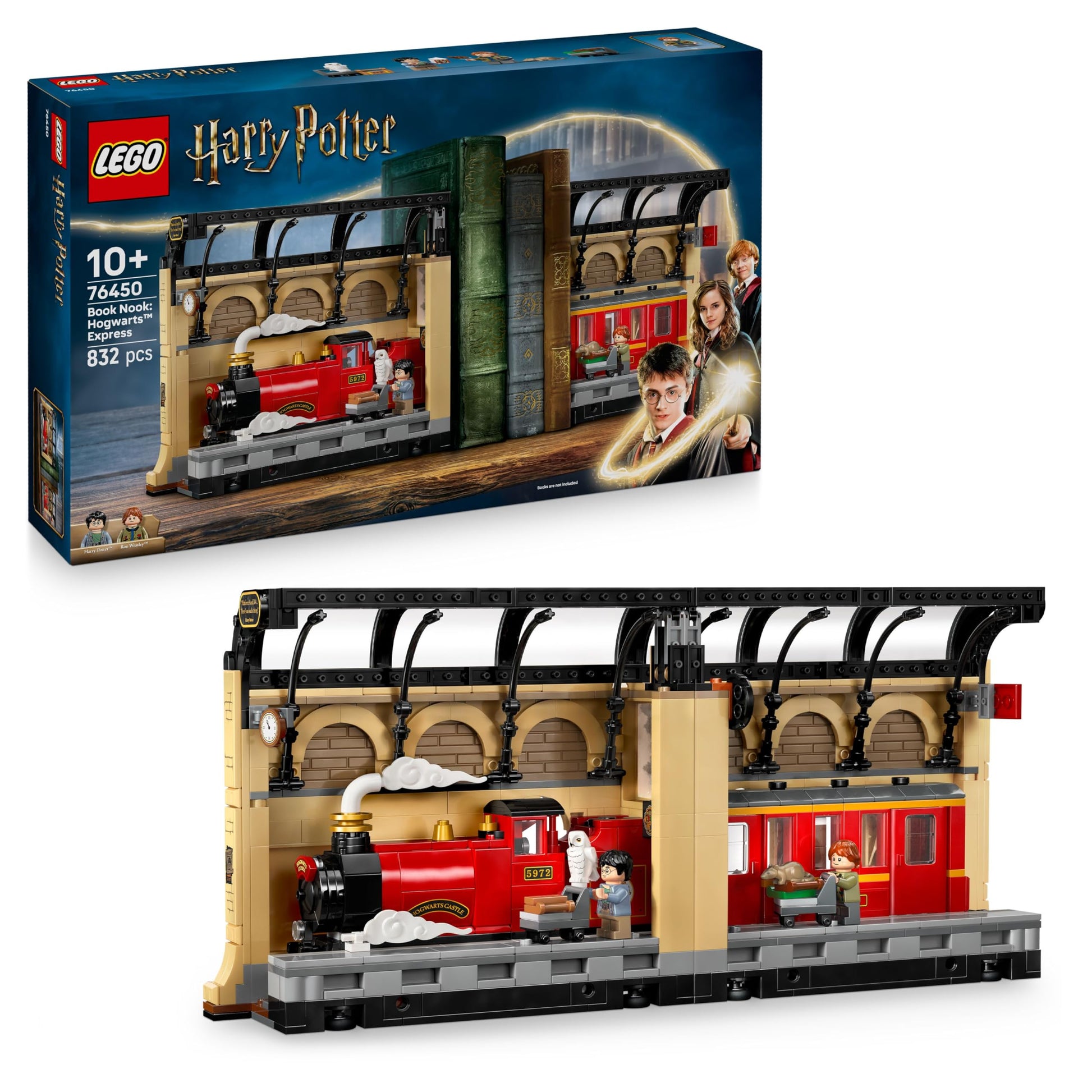 LEGO Harry Potter Hogwarts Express set featuring a train, Ron Weasley minifigure, and Hedwig and Scabbers figures.