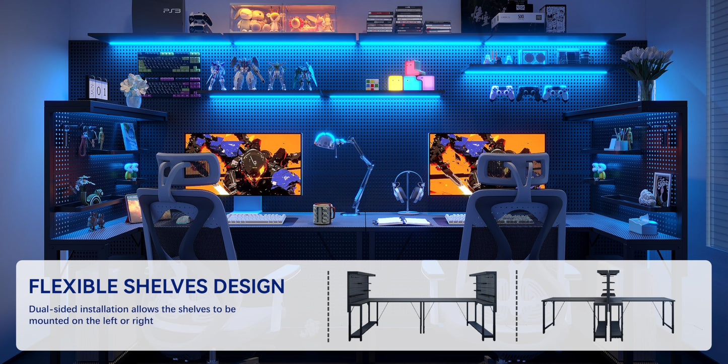Xyphren 120*80cm L Shaped Gaming Desk with Pegboard Hutch & Shelves, Corner Gaming Desk with Power Outlet, Reversible Computer Desk with 3 Detachable Trays for Home, Bedroom, Office Workspace, Black