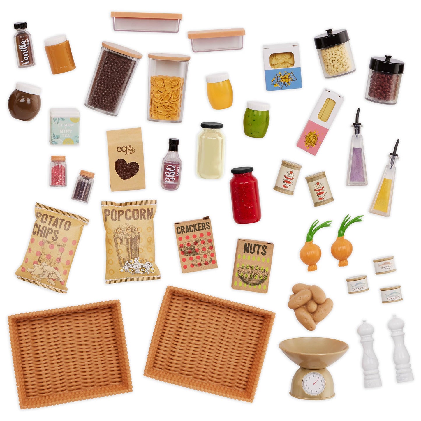 Our Generation pink cupboard pantry set with food accessories for 18-inch dolls, ideal for pretend play.