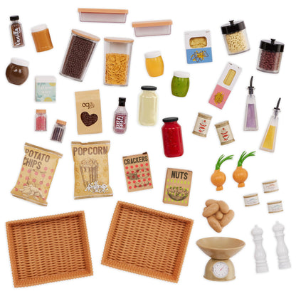 Our Generation pink cupboard pantry set with food accessories for 18-inch dolls, ideal for pretend play.