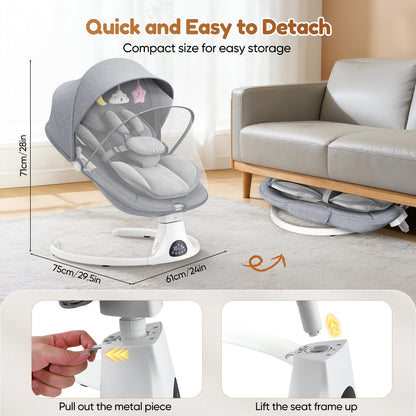 Helangel baby swing for infants and toddlers with 5-speed settings, 3-seat positions, Bluetooth music, and 10 melodies.