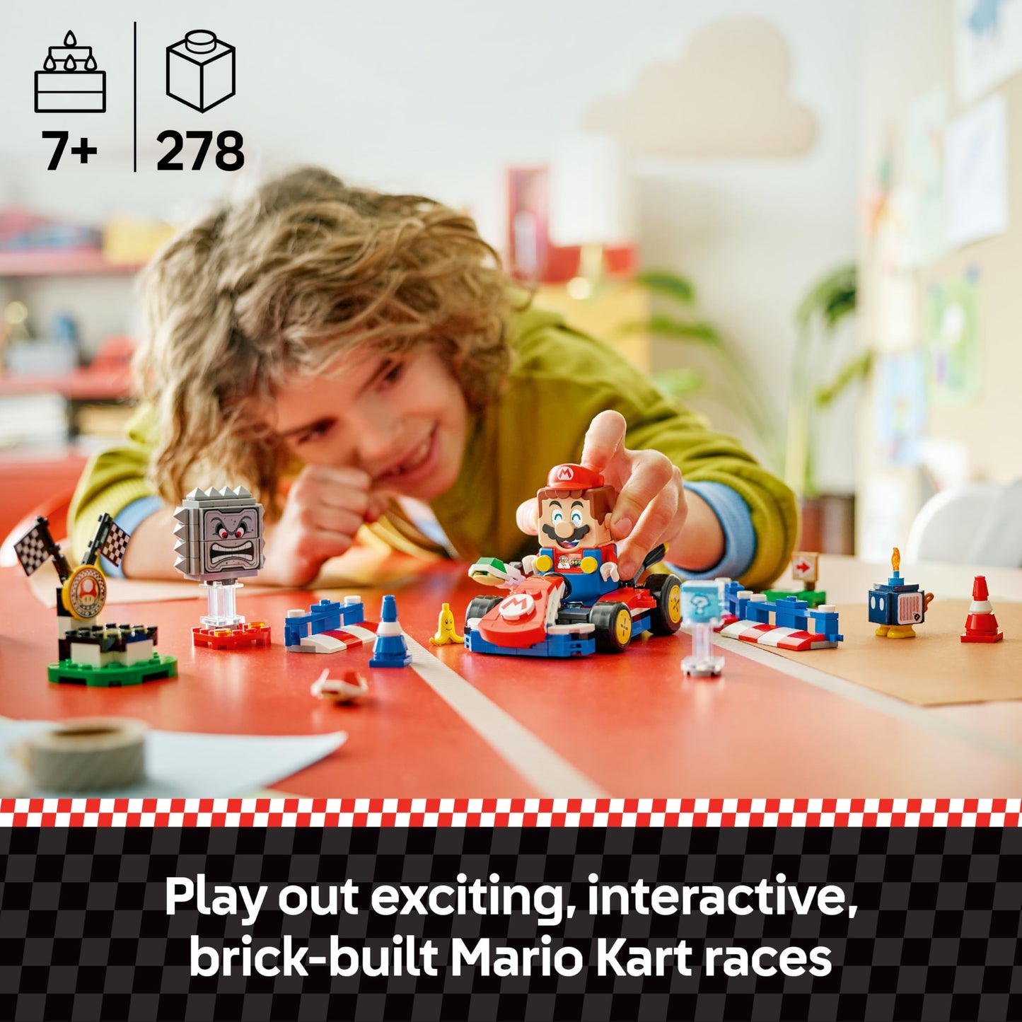 LEGO Mario Kart set featuring Mario figure, standard kart, race course with barriers, podium, and three characters for kids 7+