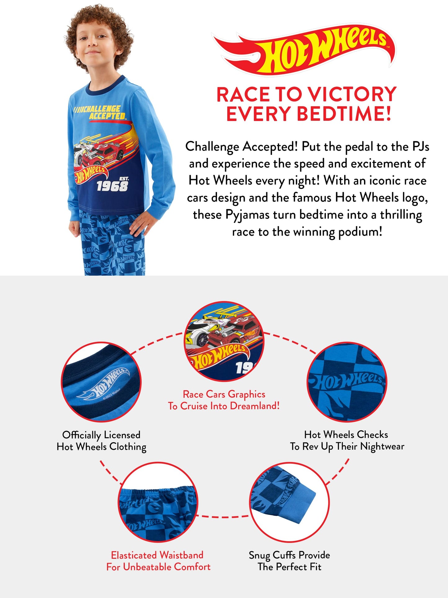 Hot Wheels Pyjamas | Boys Race Cars Pyjamas | Long Sleeve Boys PJs | Blue | 7-8 Years