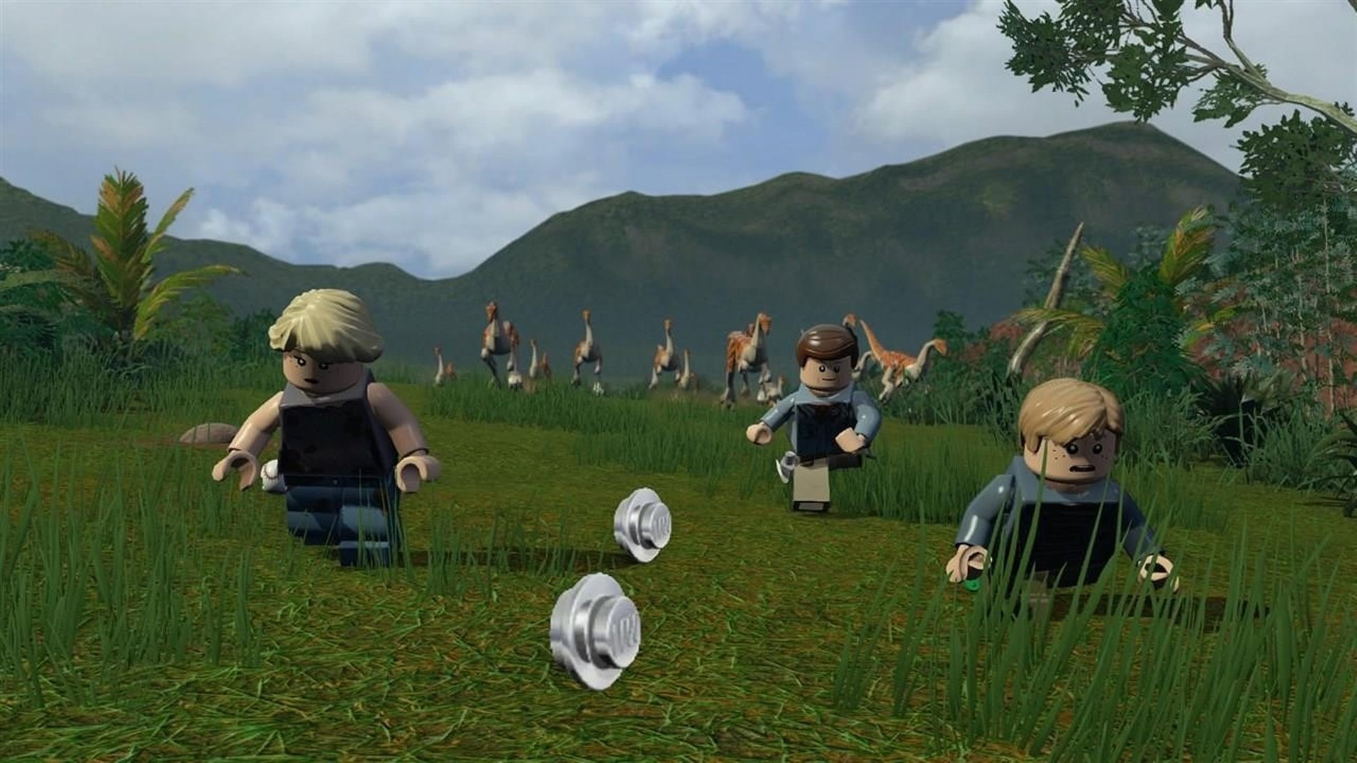 LEGO Jurassic World game for ages 6 and up, featuring colorful LEGO dinosaur and character pieces on a playboard.