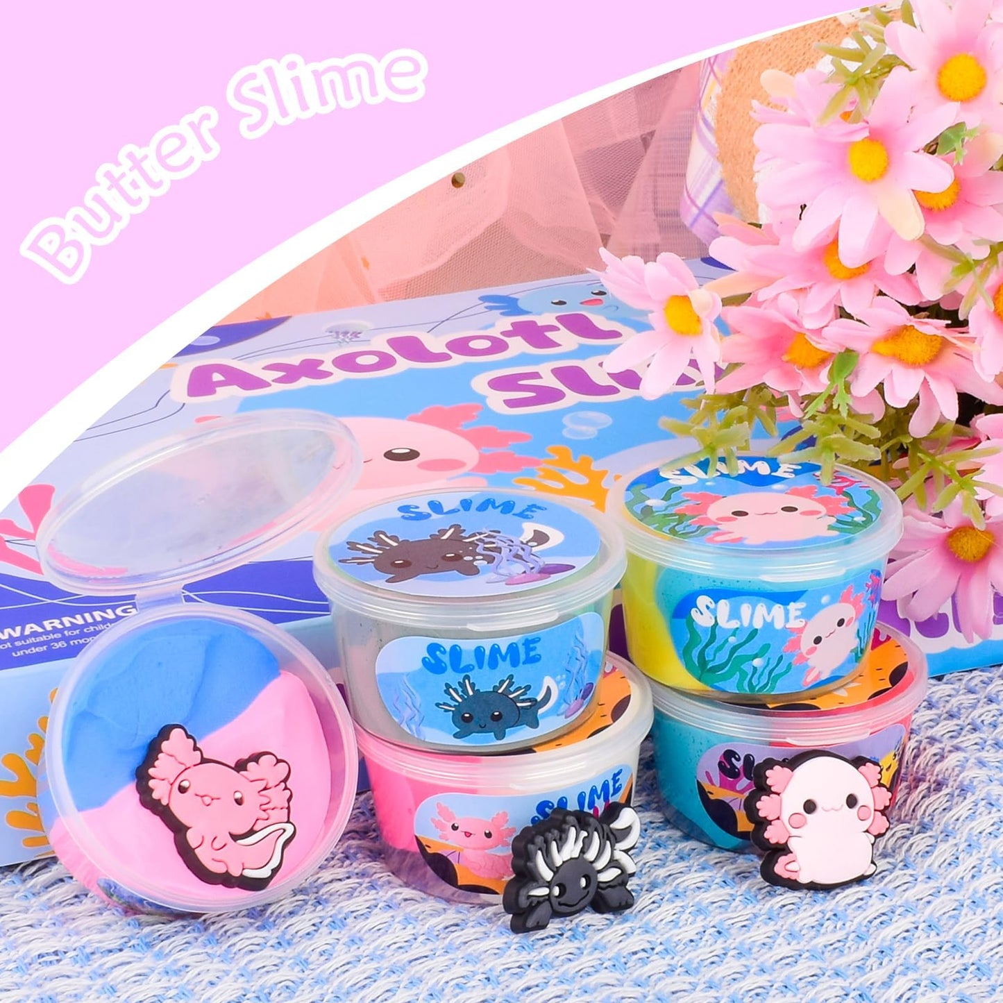 15 pack of Bretohay Axolotl slime kit with cloud, butter, and clear slime, featuring colorful Axolotl charms for kids' play and party favors.